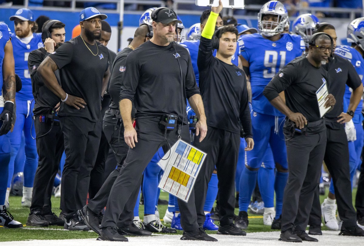Jan 14, 2024; Detroit, Michigan, USA; Detroit Lions head coach Dan Campbell on the sideline during the second half of a 2024 NFC wild card game against the Los Angeles Rams at Ford Field. Mandatory Credit: David Reginek-USA TODAY Sports  
